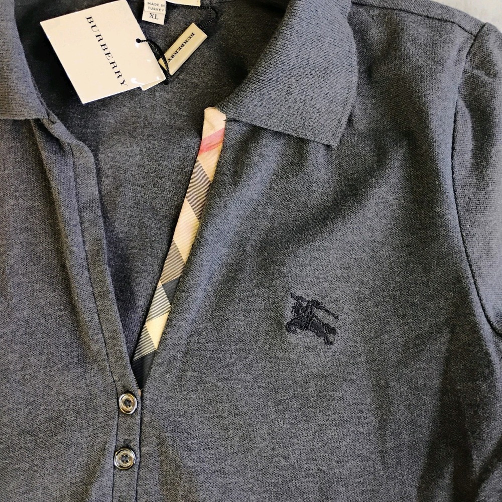 Burberry London Polo Shirt Womens XL Gray Check Trim 3/4 Sleeves Preppy Classic - Picture 7 of 10